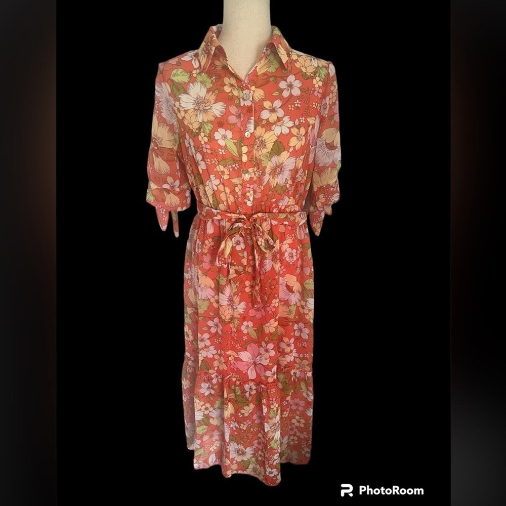 Stella & Julie Floral Shirt Dress SZ 8 Coral Pink Excellent Tiered Midi 15618T
